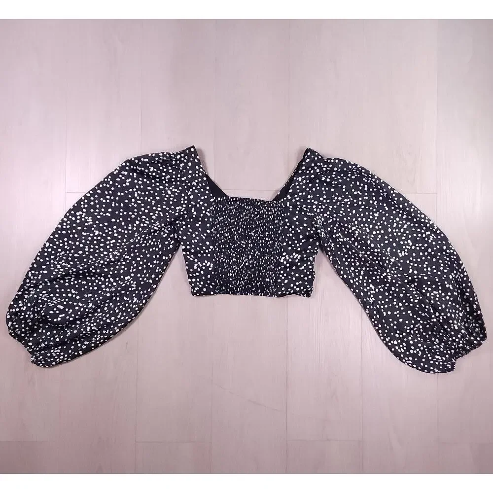 INTHEBEGINNING Los Angeles Puff Sleeve Polka Dot Crop Top – Black/White, Size S - Picture 12 of 12